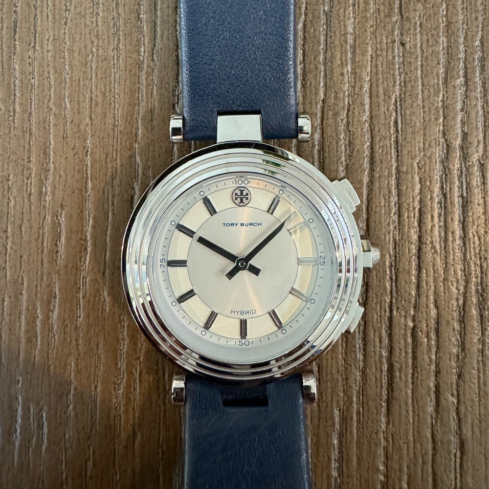 Tory Burch Silver Navy Hybrid Watch. Brand new just no box. Navy leather strap.
